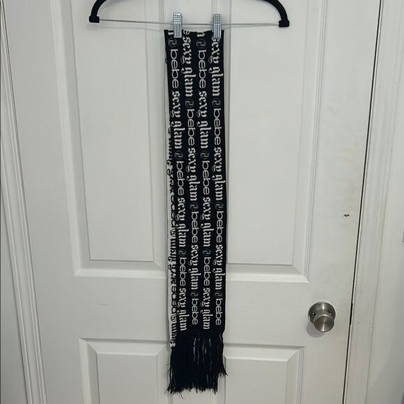 Bebe Black Skinny Long Winter Scarf Y2K White Script Logo, Vintage 2000s - Picture 1 of 4